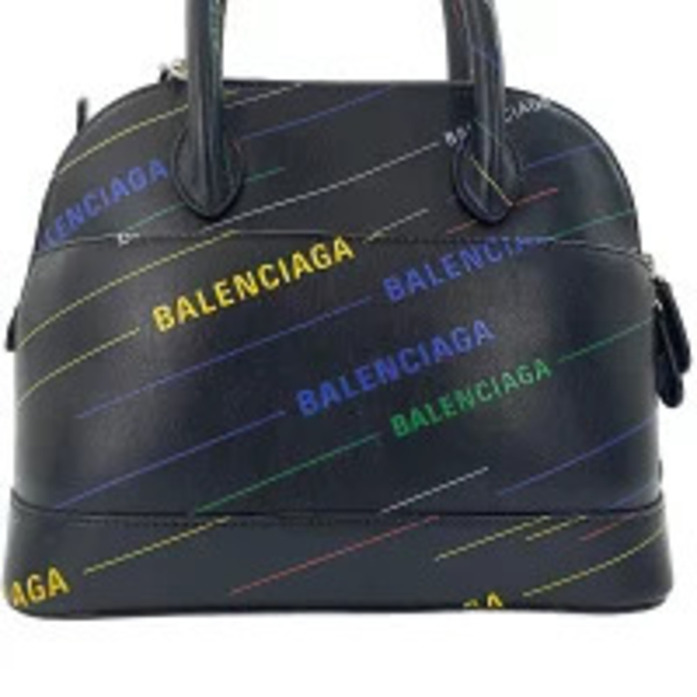 Balenciaga Black Multicolor Logo Ville Bag dome satchel black calfskin leather